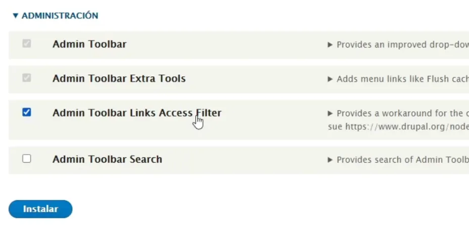 Instalar modulos de Admin Toolbar en Drupal 9