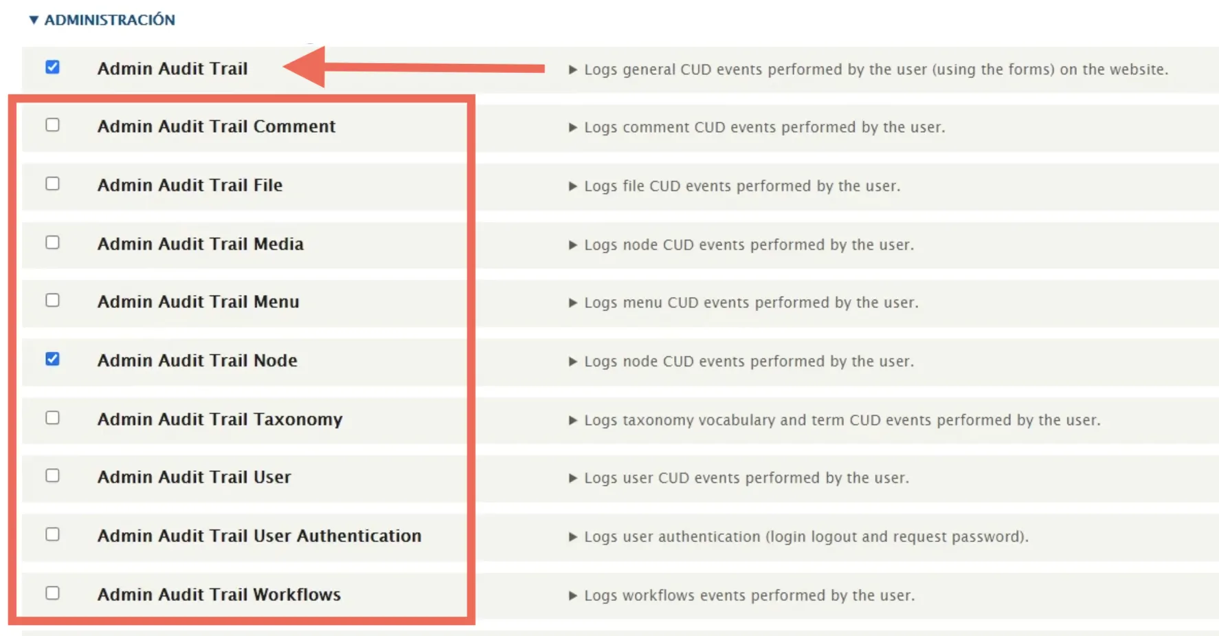 Admin audit trail con los sub modulos