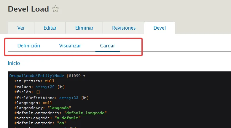 Las 3 opciones extra que devel nos permite ver en las entidades