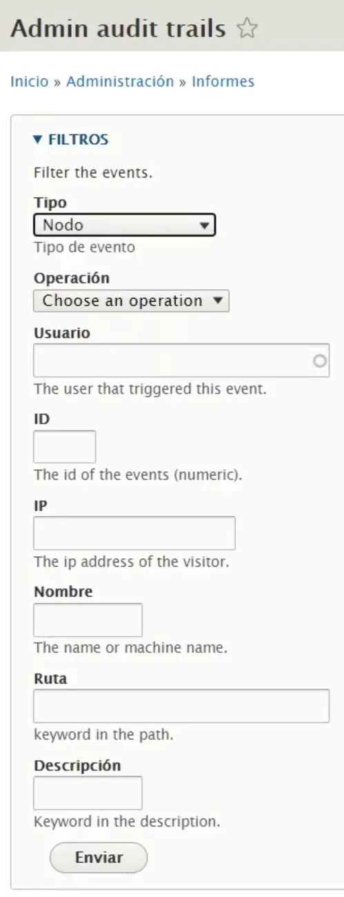 opciones filtrado admin audit trail