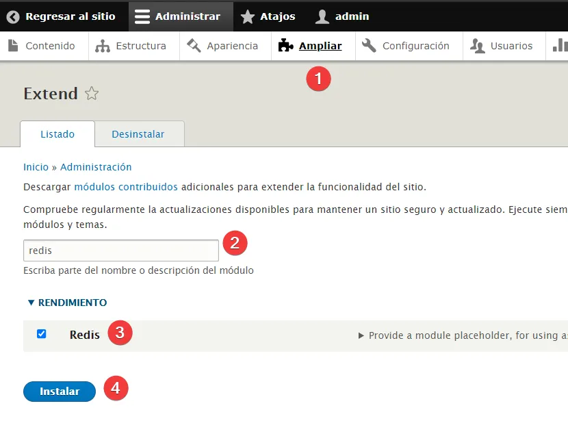 Instalación del modulo Redis en Drupal