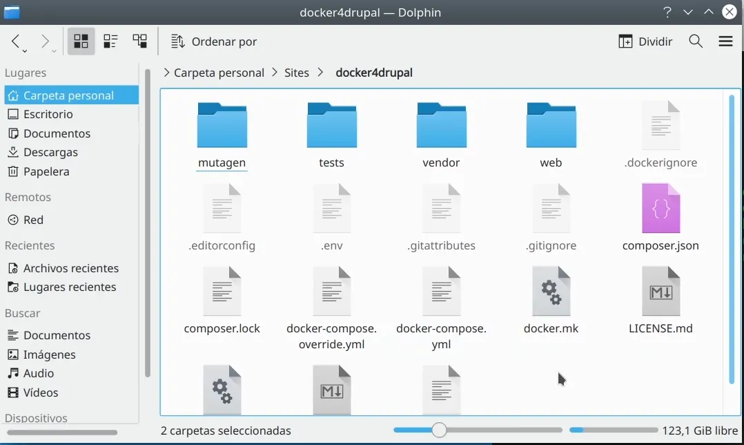 Listado de carpetas de docker4drupal y composer