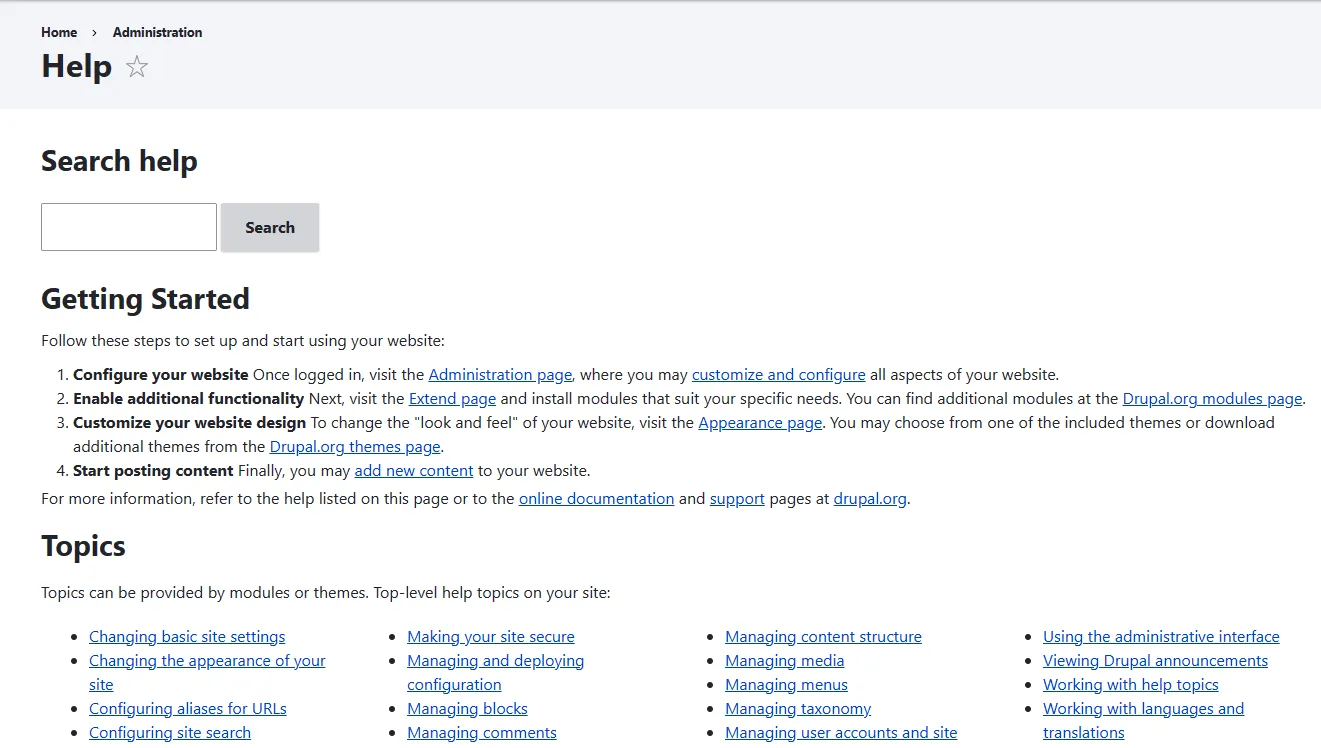La página de ayuda actual en Drupal 10.2.