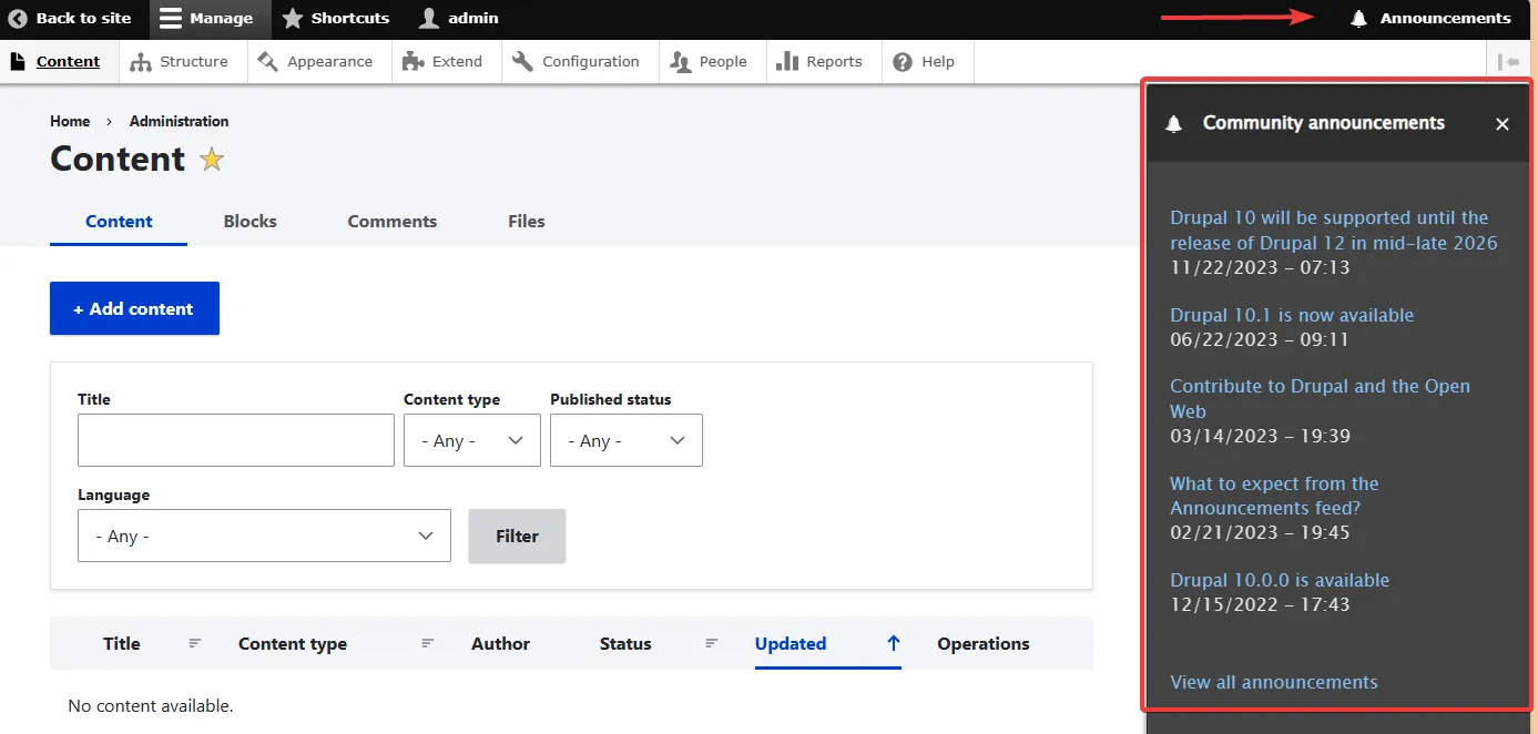 Modulo Announcements de Drupal.