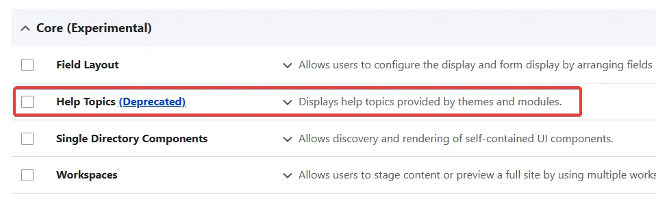El módulo Help topics marcado como obsoleto en los módulos experimentales.